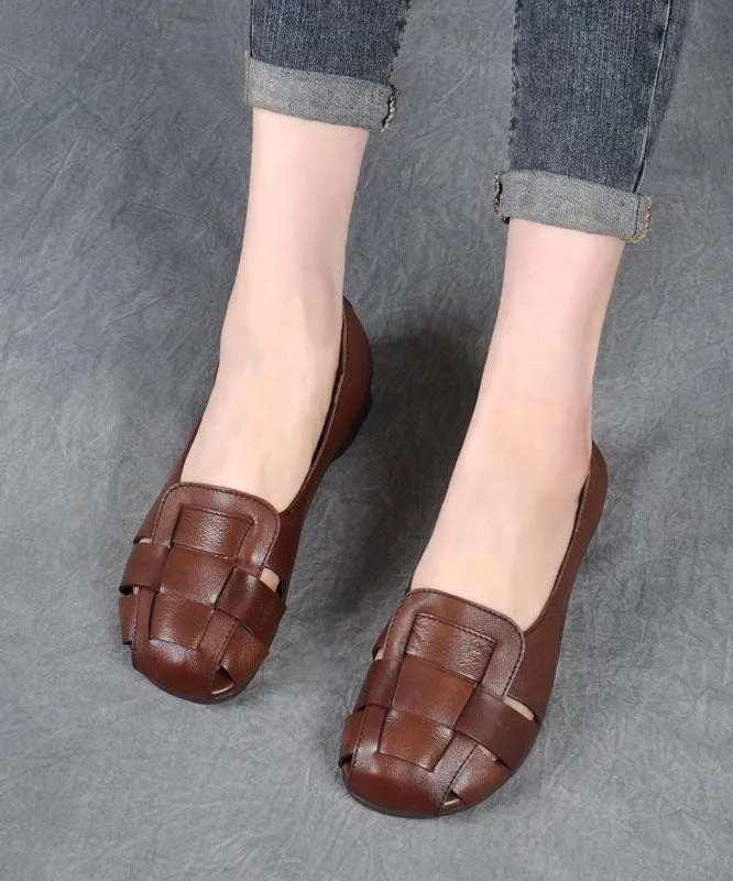 Brown Flat Feet Shoes Cowhide Leather Stylish Splicing Flat Shoes For Women LC0537