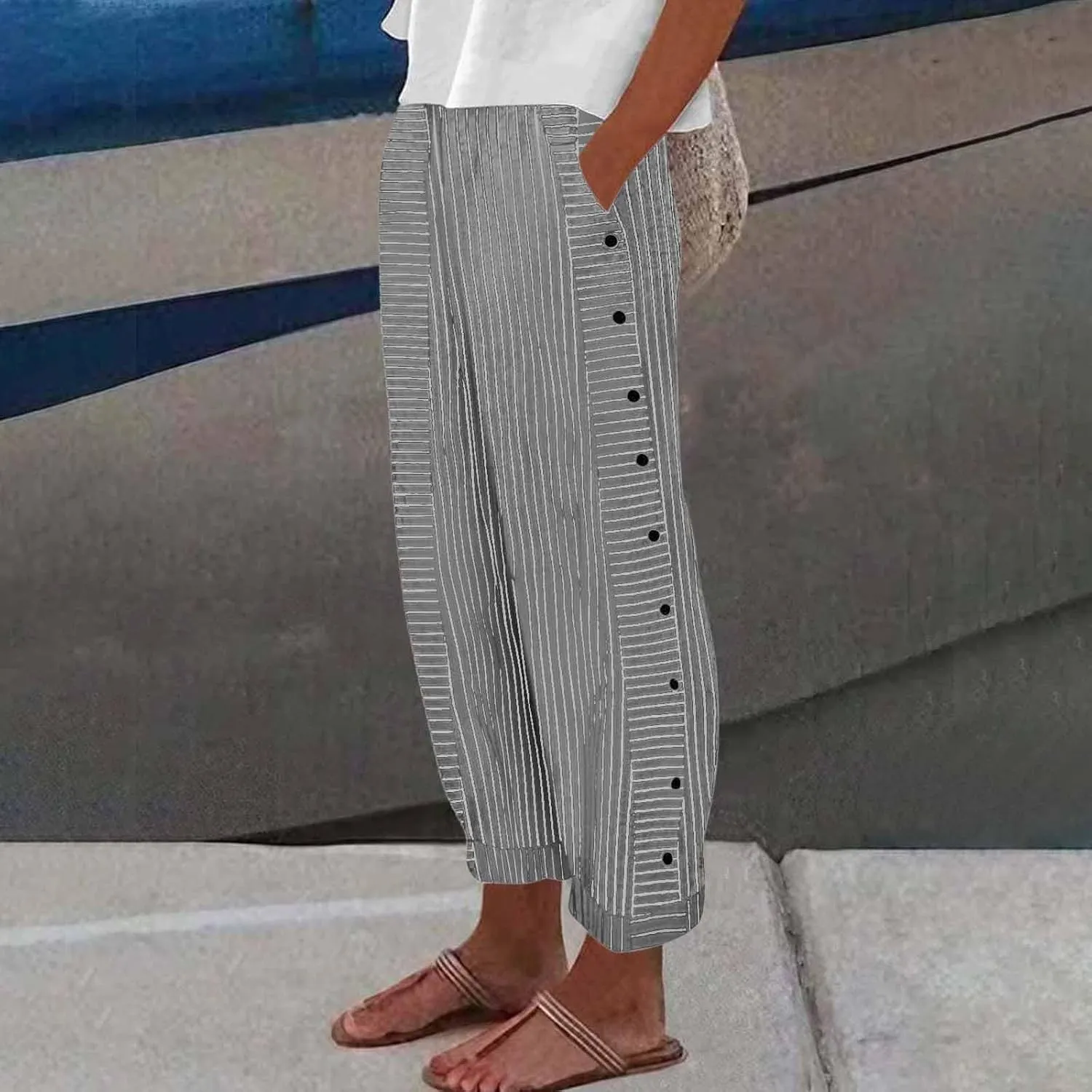 Button Striped Linen Pants Women Elastic High Waist Wide Leg Pants Summer Lightweight Beach Lounge Trousers w/Pockets