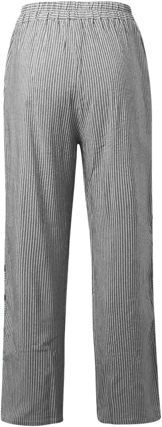 Button Striped Linen Pants Women Elastic High Waist Wide Leg Pants Summer Lightweight Beach Lounge Trousers w/Pockets