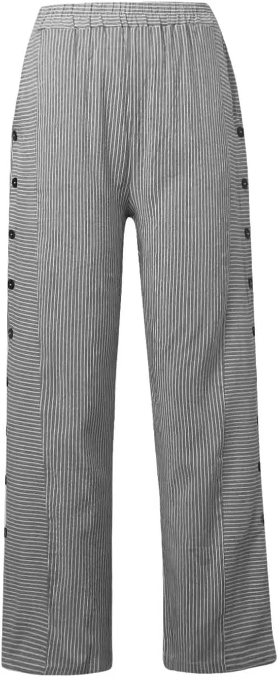 Button Striped Linen Pants Women Elastic High Waist Wide Leg Pants Summer Lightweight Beach Lounge Trousers w/Pockets