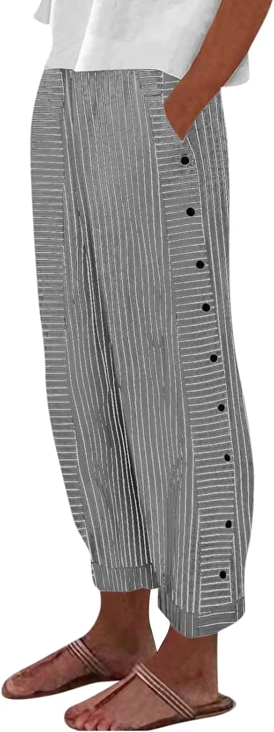 Button Striped Linen Pants Women Elastic High Waist Wide Leg Pants Summer Lightweight Beach Lounge Trousers w/Pockets