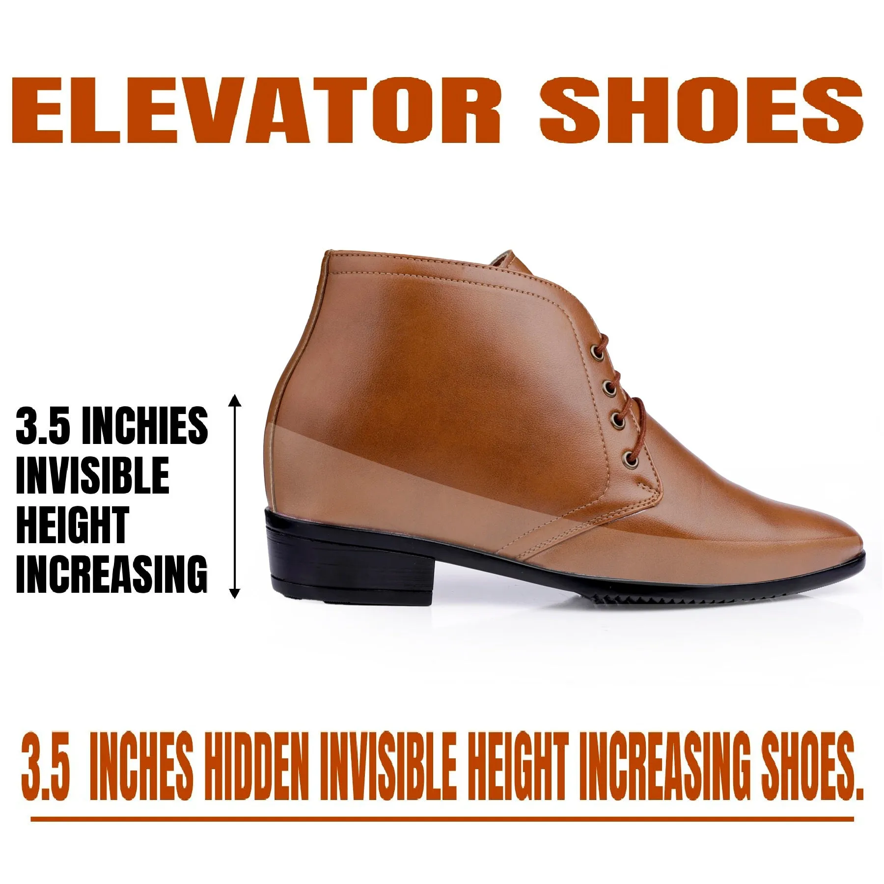 BXXY Men's 3.5 Inch Hidden Height Increasing Tan Formal Lace-up Boot With Faux Material Lace Up For Men