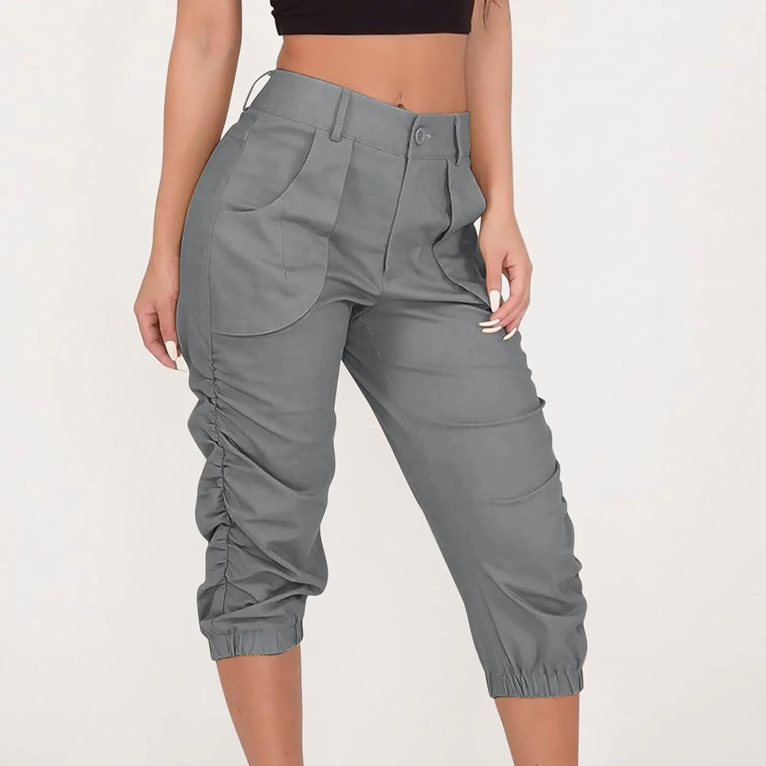 Cargo Capris for Women with Pockets Plus Size Button Up High Waist Capri Pants Ruched Capris Cargos Trousers