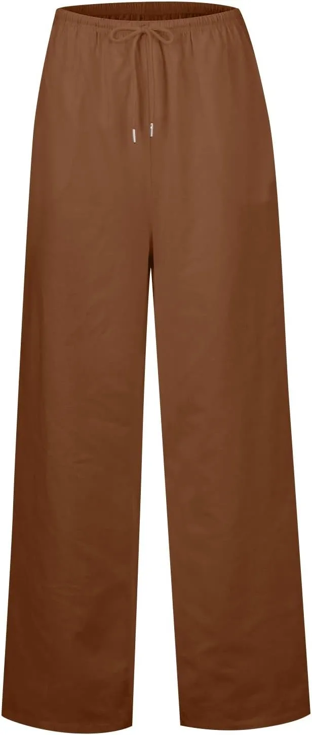 Casual Summer Linen Drawstring Long Pant for Women Lightweight High Waist Straight Wide Leg Solid Color Lounge Trousers