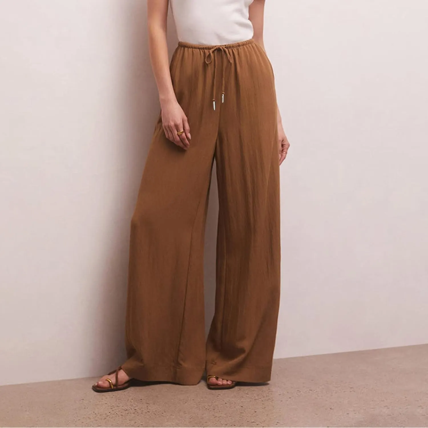 Casual Summer Linen Drawstring Long Pant for Women Lightweight High Waist Straight Wide Leg Solid Color Lounge Trousers
