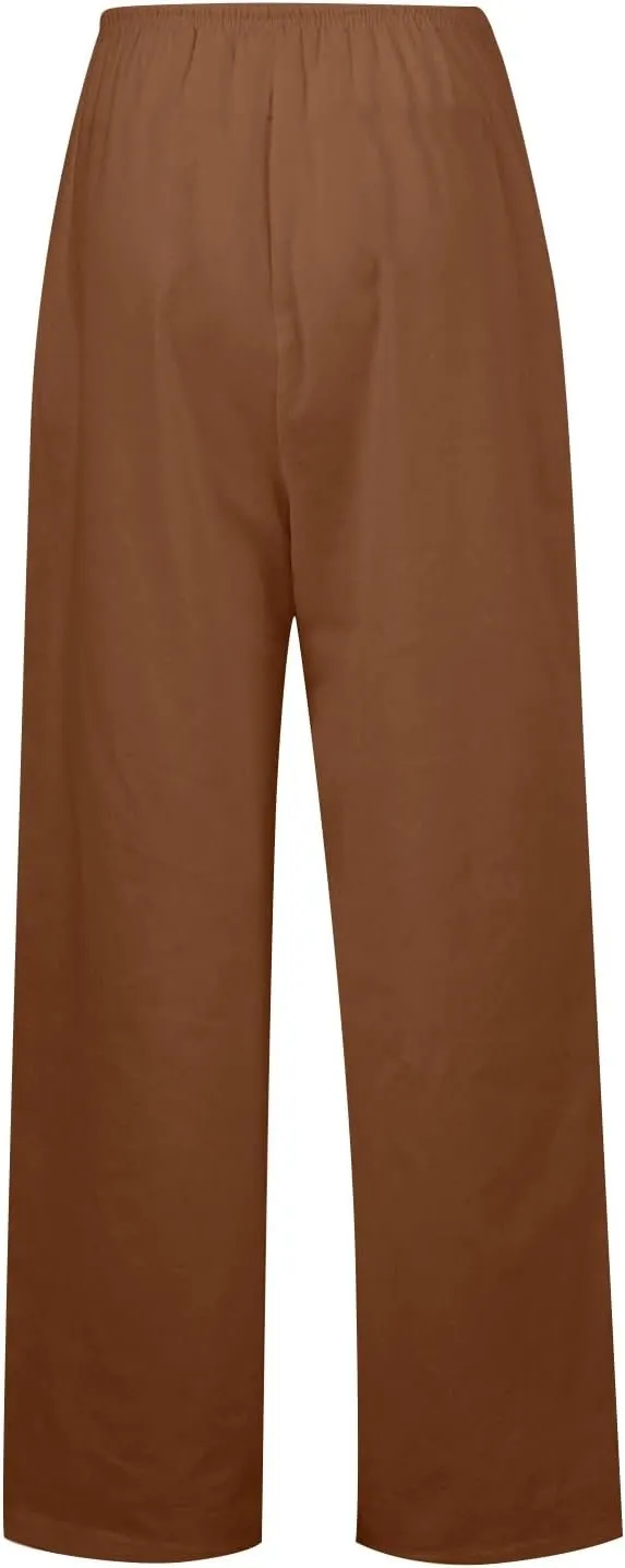 Casual Summer Linen Drawstring Long Pant for Women Lightweight High Waist Straight Wide Leg Solid Color Lounge Trousers
