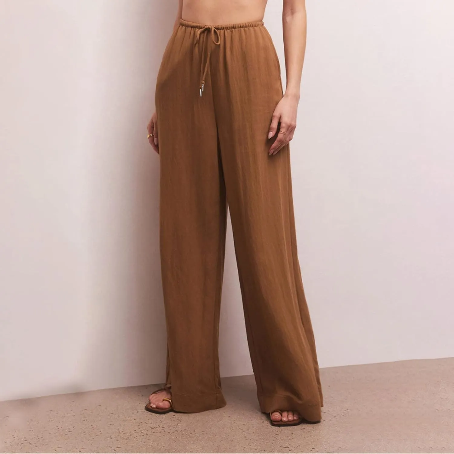 Casual Summer Linen Drawstring Long Pant for Women Lightweight High Waist Straight Wide Leg Solid Color Lounge Trousers