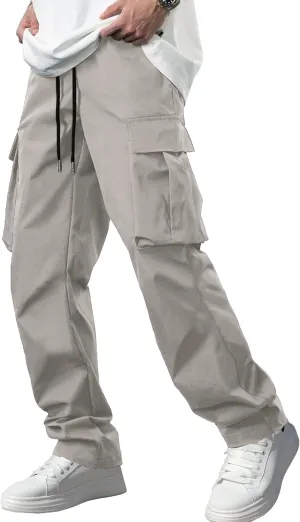 Comdecevis Men's Casual Cargo Pants Workout Joggers Stretch Sweatpants Hiking Drawstring Tactical Pants with Multi Pockets