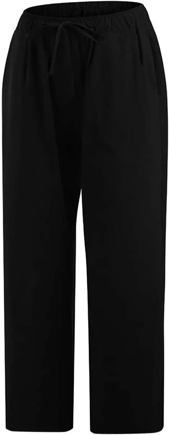 Cotton Linen Capri Pants for Women 2025 Summer Vacation Beach Trouser Drawstring High Waist Lounge Pants with Pockets