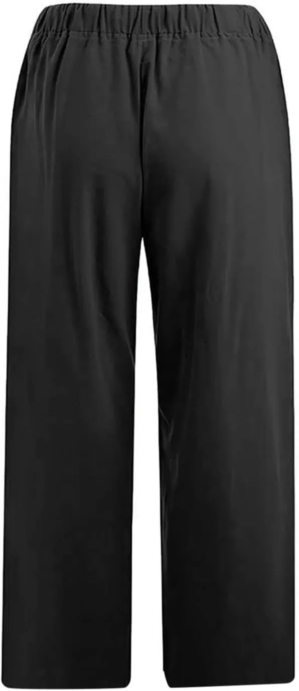 Cotton Linen Capri Pants for Women 2025 Summer Vacation Beach Trouser Drawstring High Waist Lounge Pants with Pockets