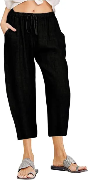 Cotton Linen Capri Pants for Women 2025 Summer Vacation Beach Trouser Drawstring High Waist Lounge Pants with Pockets