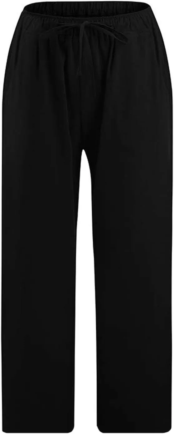 Cotton Linen Capri Pants for Women 2025 Summer Vacation Beach Trouser Drawstring High Waist Lounge Pants with Pockets