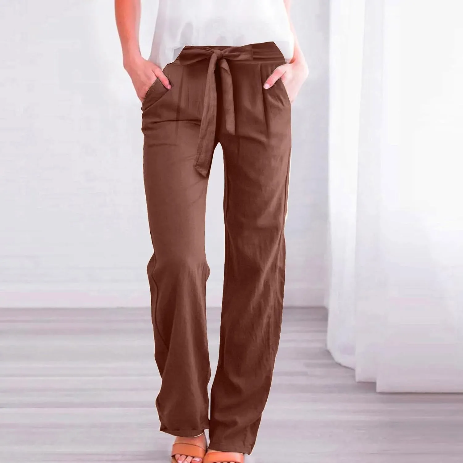 Cotton Linen Pant for Women Loose Fit High Waisted Plus Size Wide Leg Pants Tie Knot Summer Beach Pant with Pockets