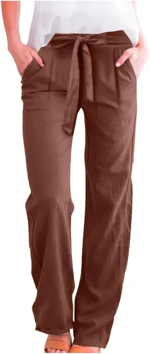 Cotton Linen Pant for Women Loose Fit High Waisted Plus Size Wide Leg Pants Tie Knot Summer Beach Pant with Pockets