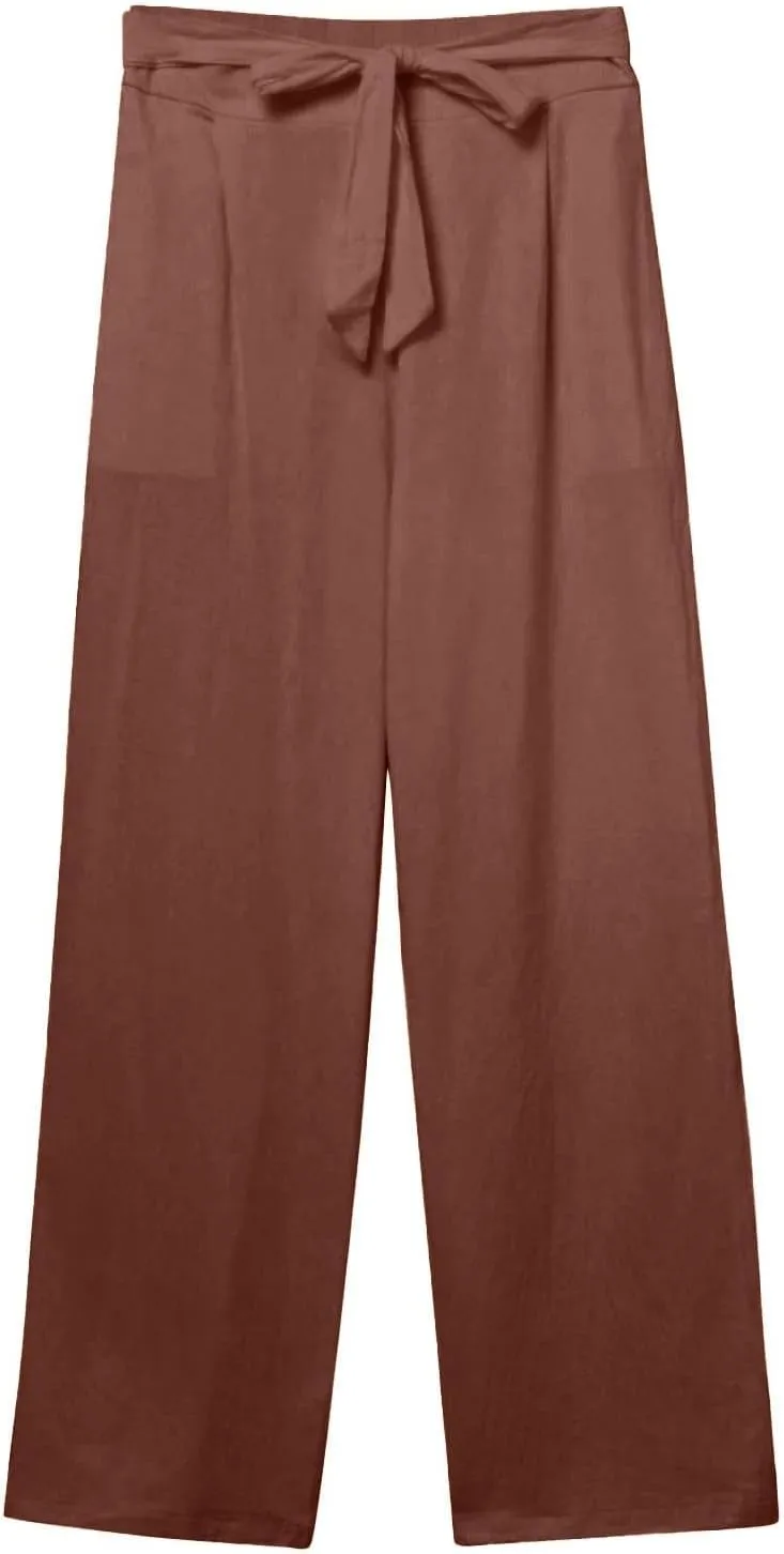 Cotton Linen Pant for Women Loose Fit High Waisted Plus Size Wide Leg Pants Tie Knot Summer Beach Pant with Pockets