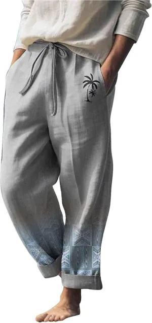 Cotton Linen Pants for Mens Lightweight Drawstring Regular Fit Trousers Casual Summer Breathable Straight Leg Cropped Pants