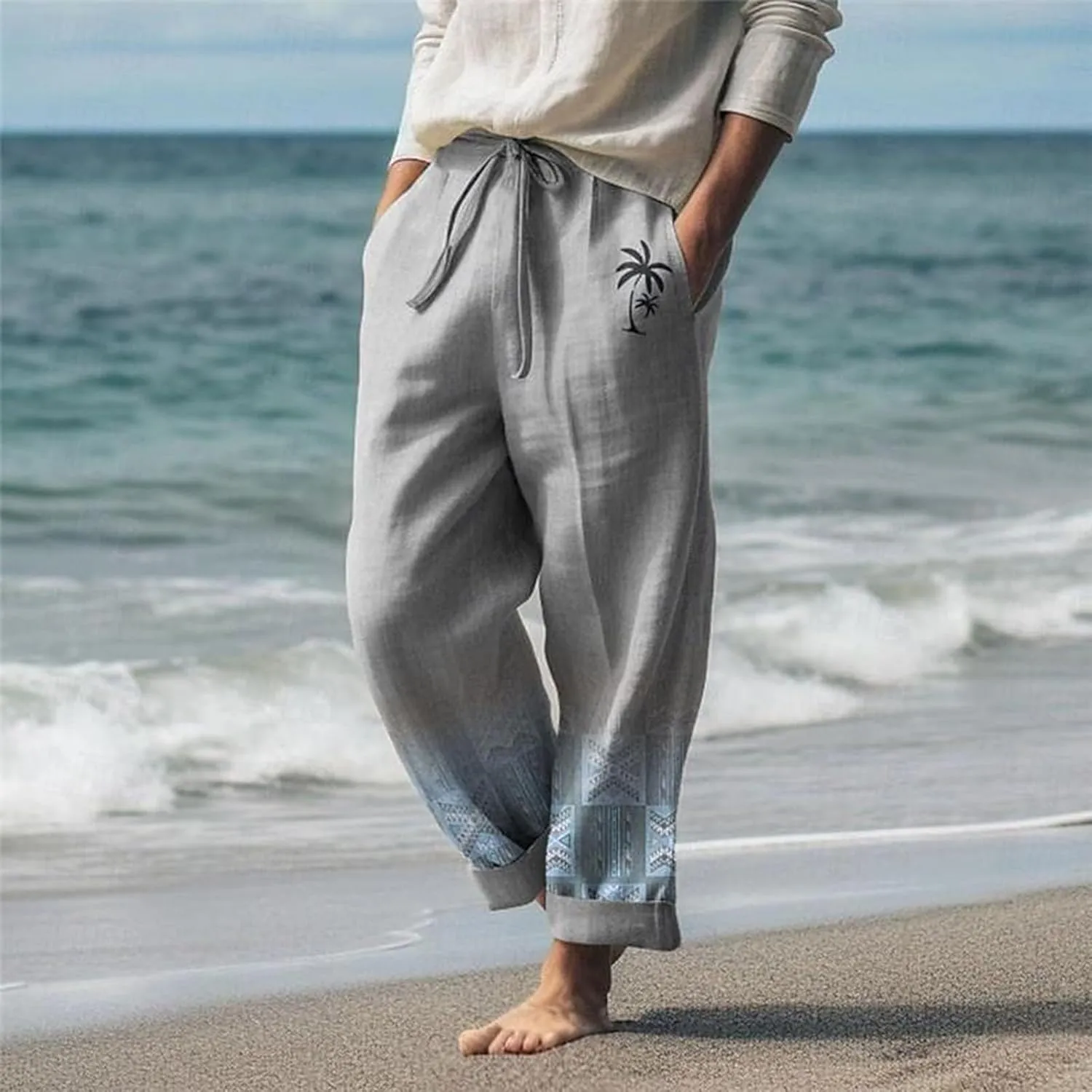 Cotton Linen Pants for Mens Lightweight Drawstring Regular Fit Trousers Casual Summer Breathable Straight Leg Cropped Pants
