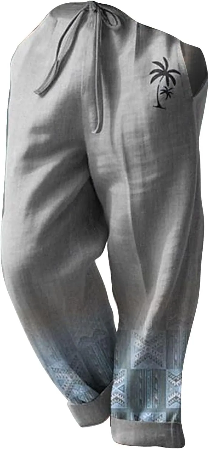 Cotton Linen Pants for Mens Lightweight Drawstring Regular Fit Trousers Casual Summer Breathable Straight Leg Cropped Pants