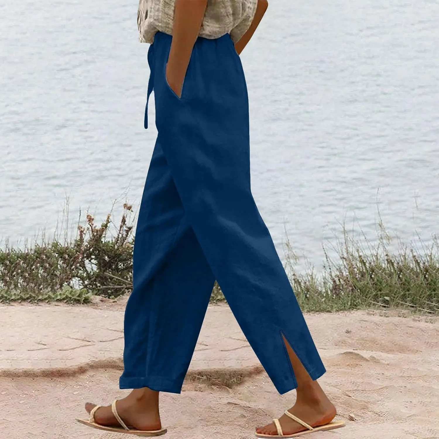 Cotton Linen Pants Women Elastic Drawstring High Waisted Pants Baggy Wide Leg Side Slit Boho Beach Pants with Pockets