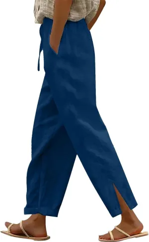 Cotton Linen Pants Women Elastic Drawstring High Waisted Pants Baggy Wide Leg Side Slit Boho Beach Pants with Pockets