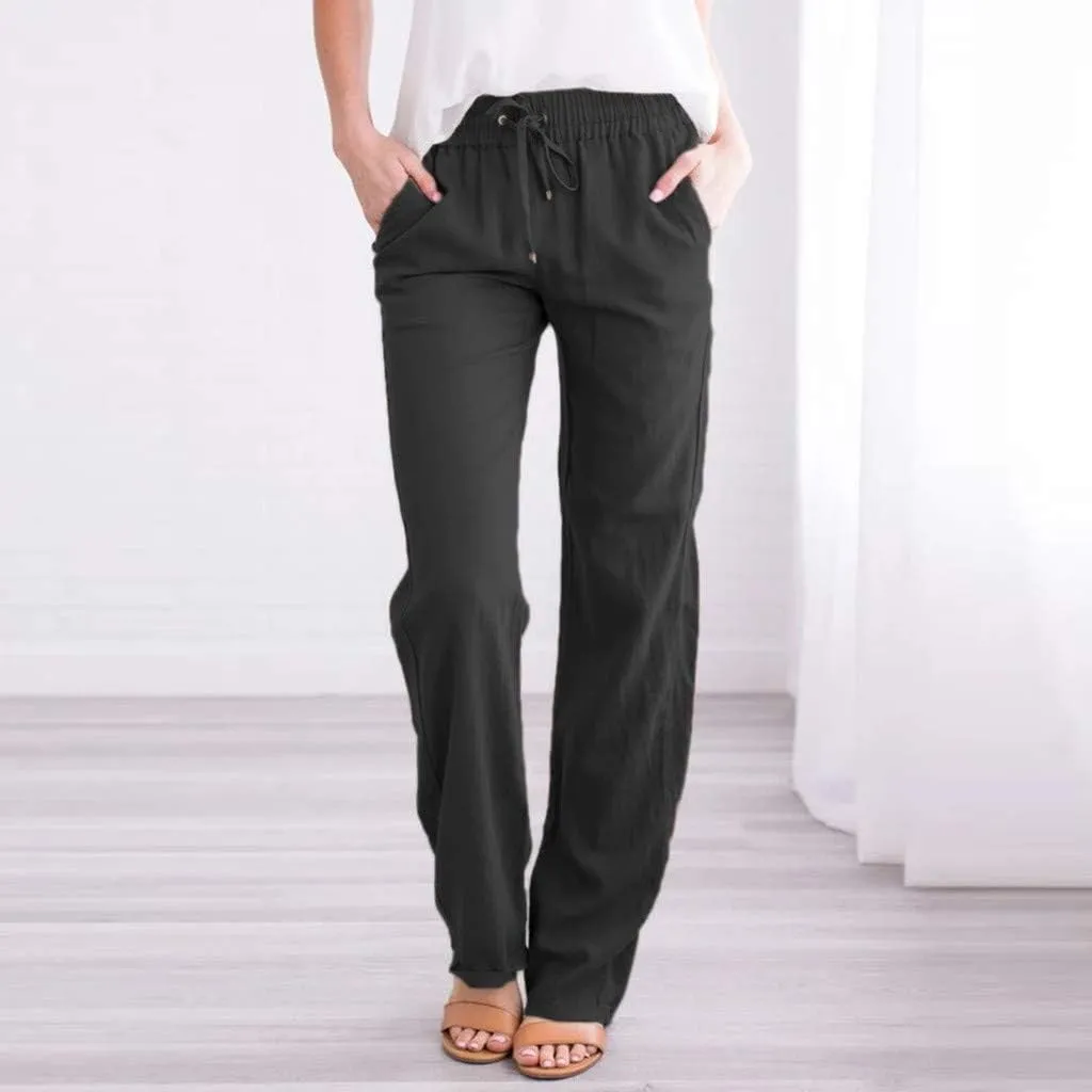 Cotton Linen Pants Women Staight Leg Dressy Casual Summer Pants Elastic High Waisted Trousers with Pockets