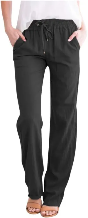Cotton Linen Pants Women Staight Leg Dressy Casual Summer Pants Elastic High Waisted Trousers with Pockets