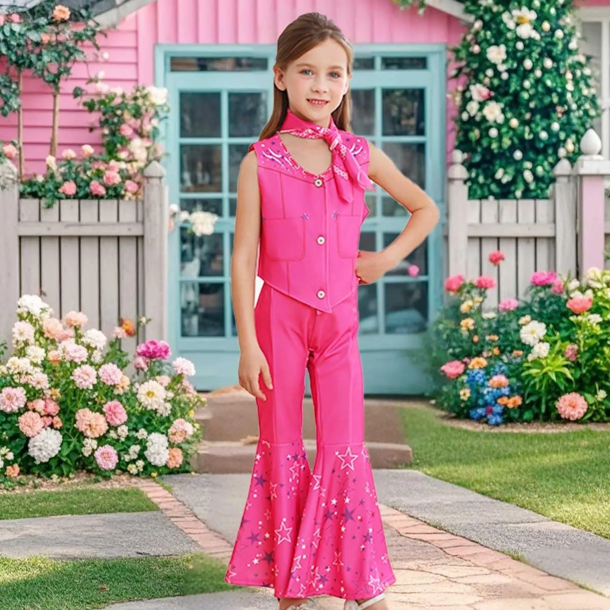 Cowgirl Costume Girls Hot Pink Kids Disco Outfits Movie Dress up for Halloween Birthday Party Cosplay