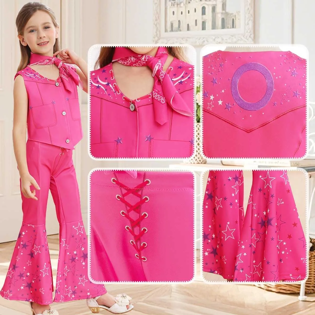 Cowgirl Costume Girls Hot Pink Kids Disco Outfits Movie Dress up for Halloween Birthday Party Cosplay