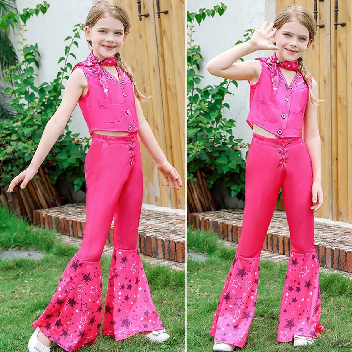 Cowgirl Costume Girls Hot Pink Kids Disco Outfits Movie Dress up for Halloween Birthday Party Cosplay
