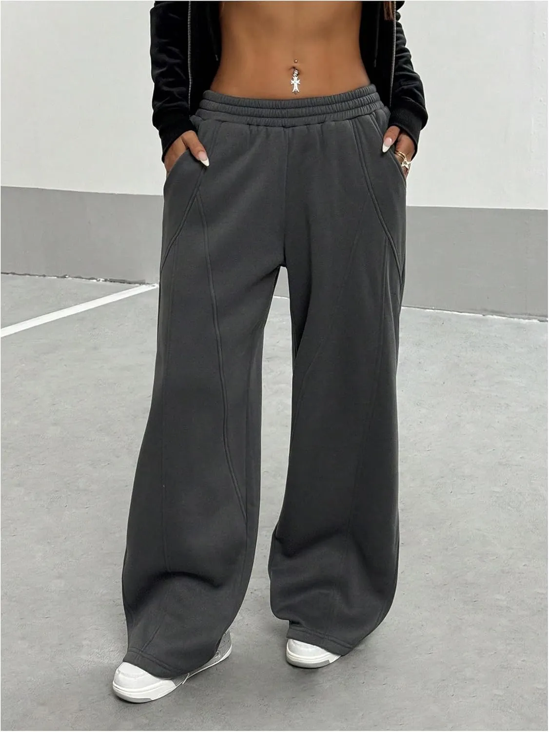 COZYEASE Women's Wide Leg Thermal Sweatpants Elastic Waist Low Rise Track Pants Long Trousers with Pockets