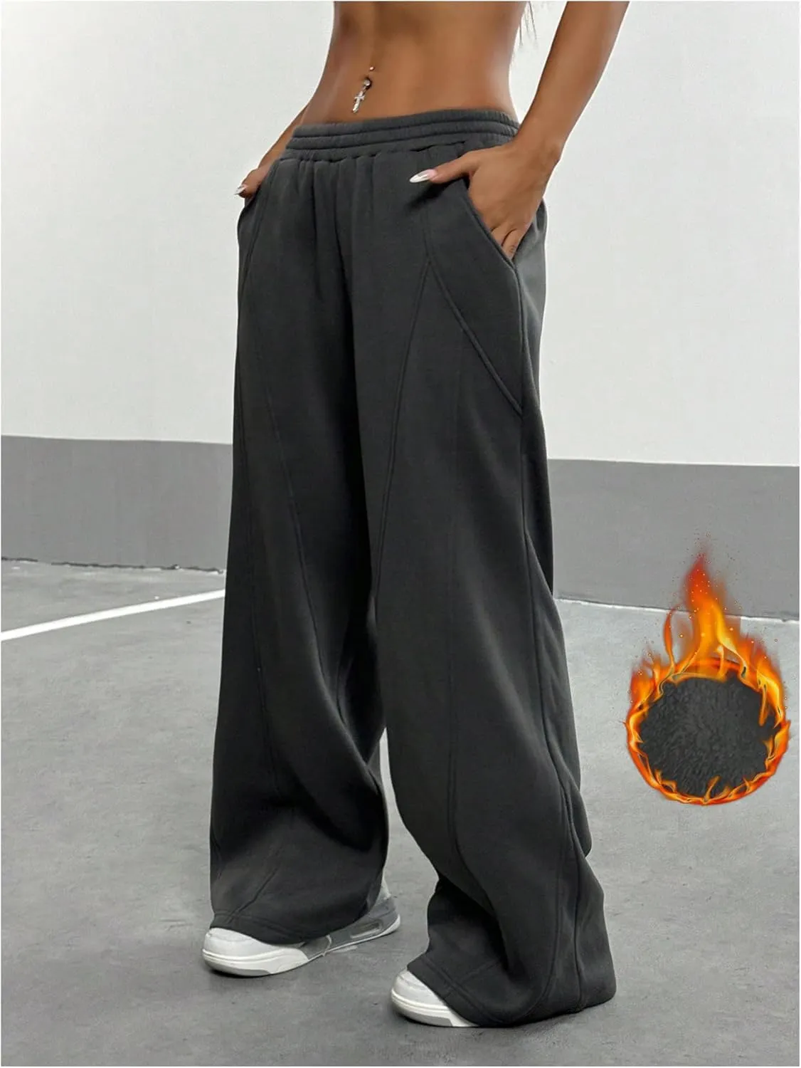 COZYEASE Women's Wide Leg Thermal Sweatpants Elastic Waist Low Rise Track Pants Long Trousers with Pockets