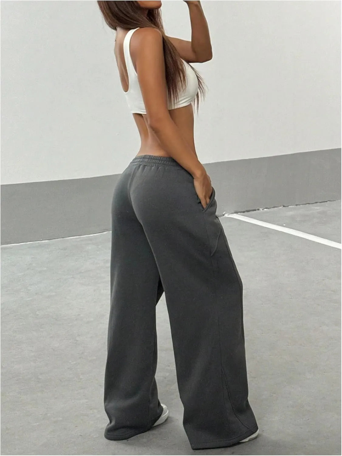 COZYEASE Women's Wide Leg Thermal Sweatpants Elastic Waist Low Rise Track Pants Long Trousers with Pockets