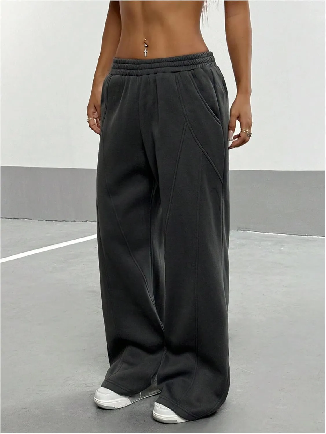 COZYEASE Women's Wide Leg Thermal Sweatpants Elastic Waist Low Rise Track Pants Long Trousers with Pockets