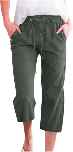 Cropped Trousers Women Drawstring Elasticated Waist Straight Leg Capri Pant Lounge Cotton Linen Shorts with Pockets