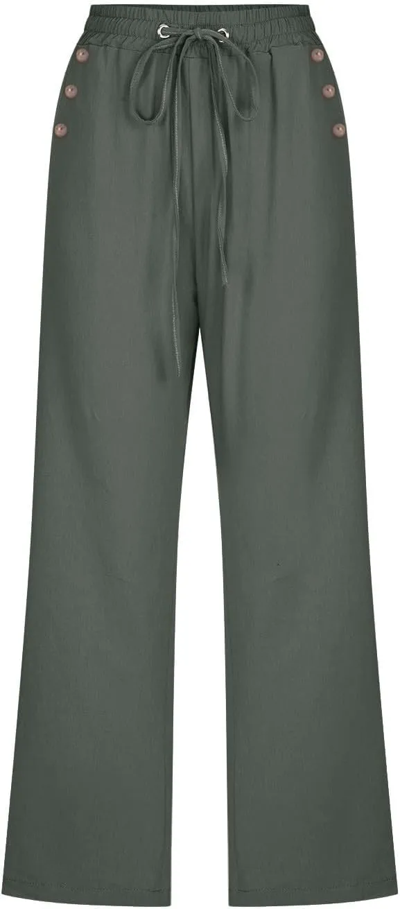 Cropped Trousers Women Drawstring Elasticated Waist Straight Leg Capri Pant Lounge Cotton Linen Shorts with Pockets