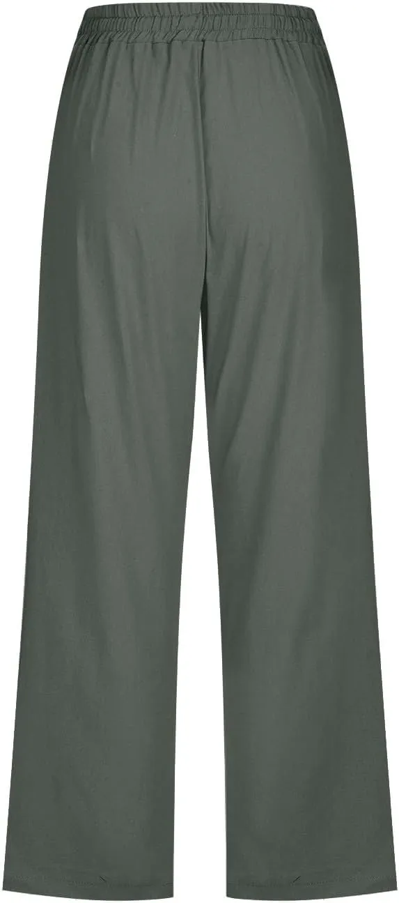 Cropped Trousers Women Drawstring Elasticated Waist Straight Leg Capri Pant Lounge Cotton Linen Shorts with Pockets