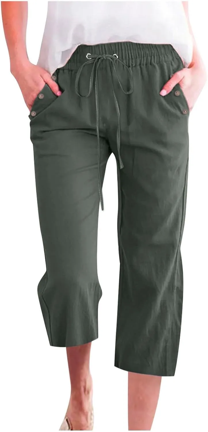 Cropped Trousers Women Drawstring Elasticated Waist Straight Leg Capri Pant Lounge Cotton Linen Shorts with Pockets