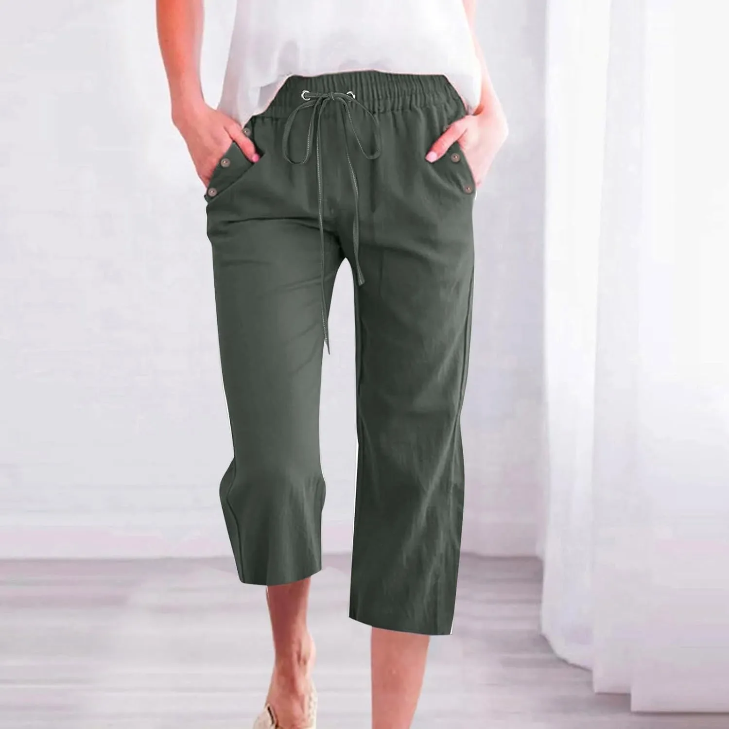 Cropped Trousers Women Drawstring Elasticated Waist Straight Leg Capri Pant Lounge Cotton Linen Shorts with Pockets