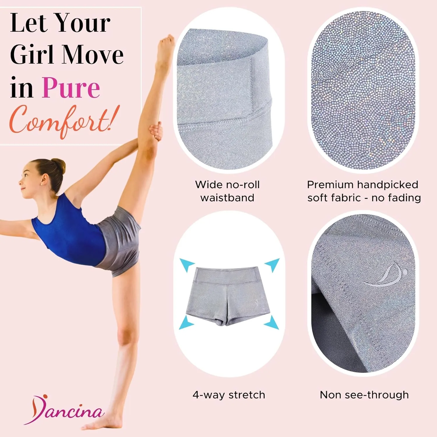 Dancina Gymnastics Shorts Athletic Dance Wear - Little Big Girls Classic and Metallic Sparkle