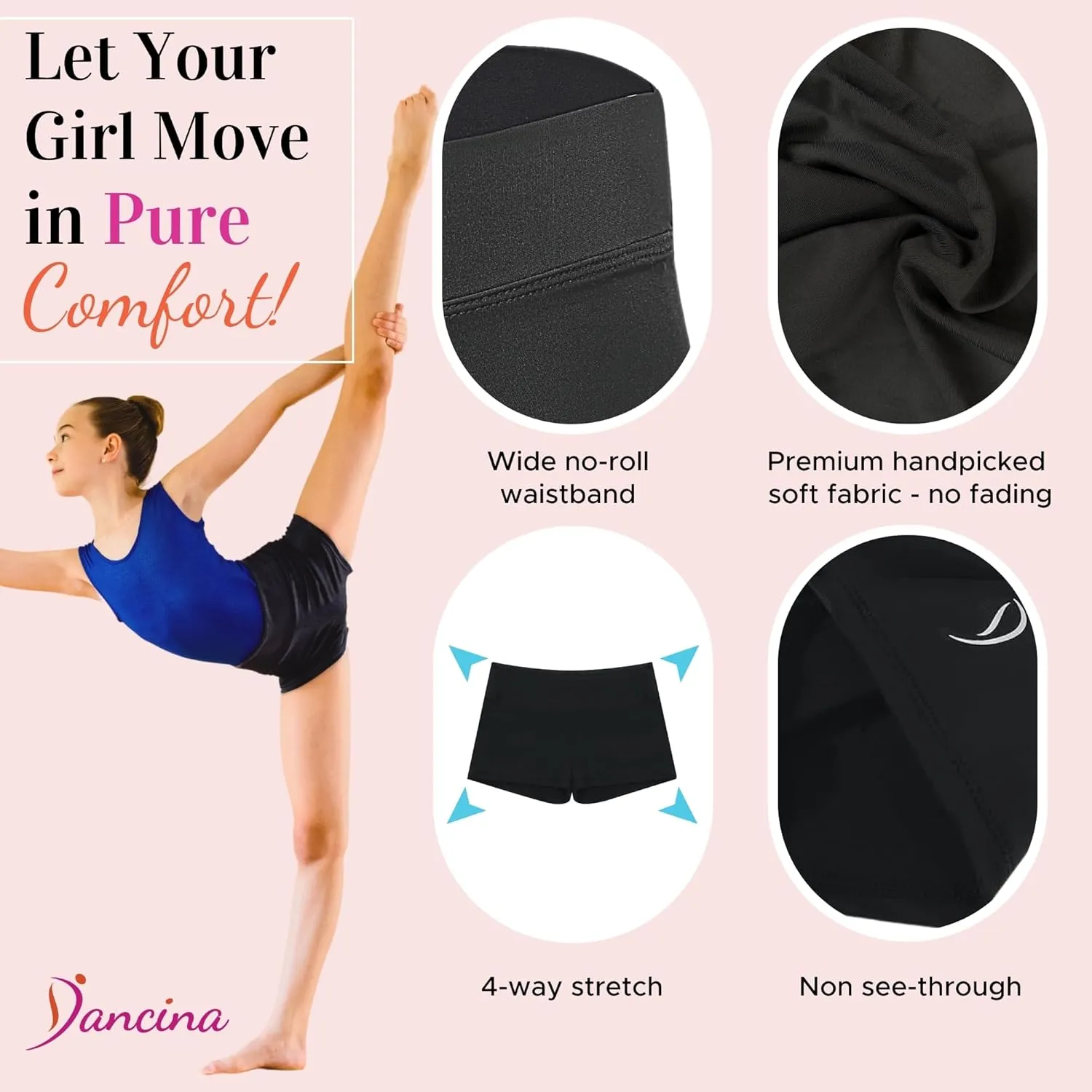 Dancina Gymnastics Shorts Athletic Dance Wear - Little Big Girls Classic and Metallic Sparkle