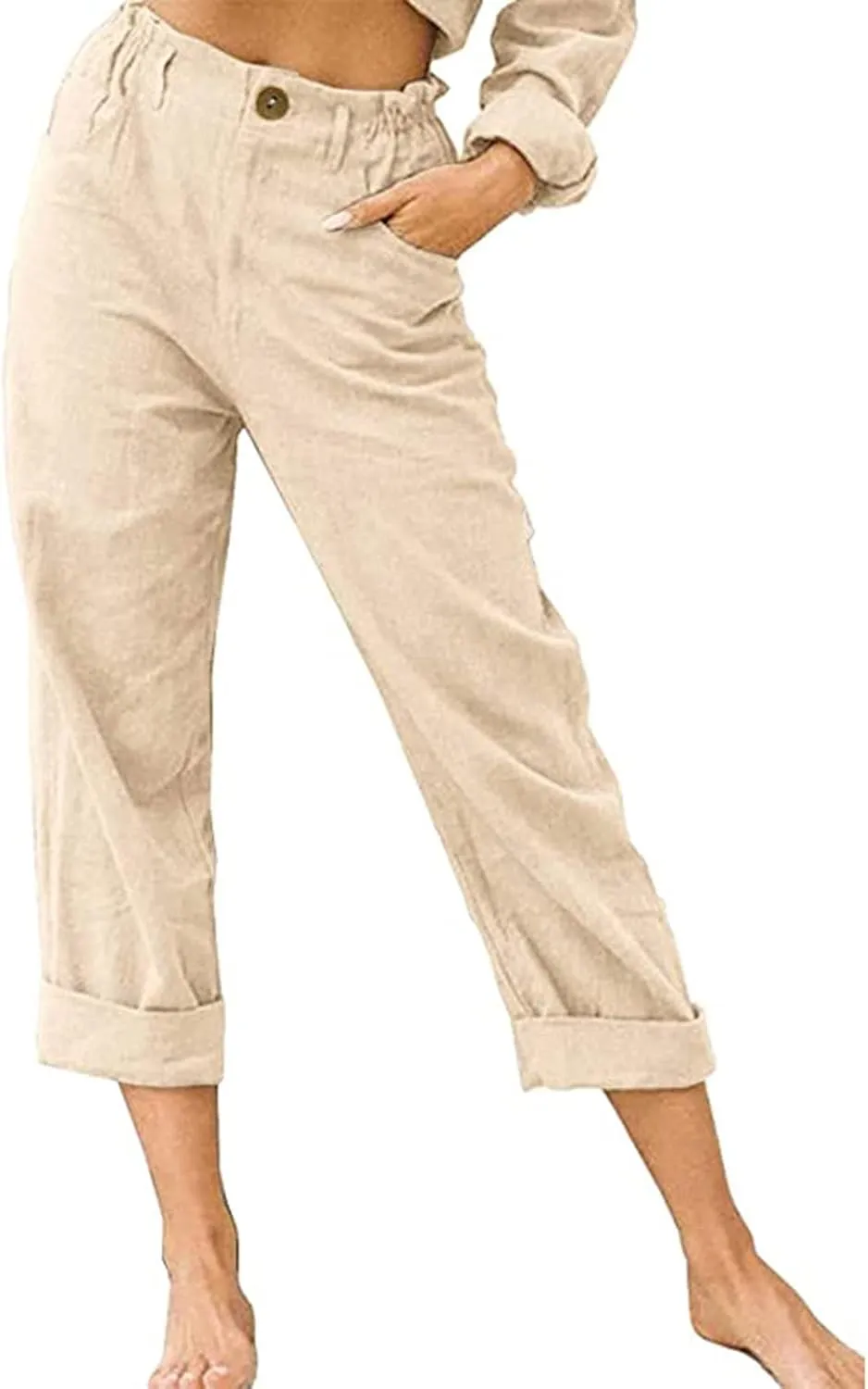 DASAYO Women Button Cotton Linen Capris Trousers Casual Beach Crop Straight Capri Pant Elastic Waist Summer Cropped Pants