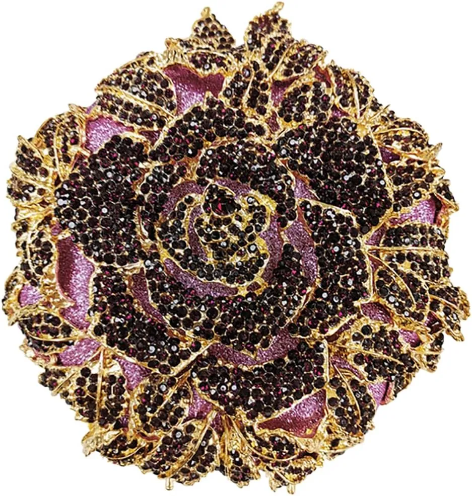 Dazzling Round Shape Rose Flower Evening Bag Elegant Clutch Purses for Women Formal Wedding Party Cocktail Handbags