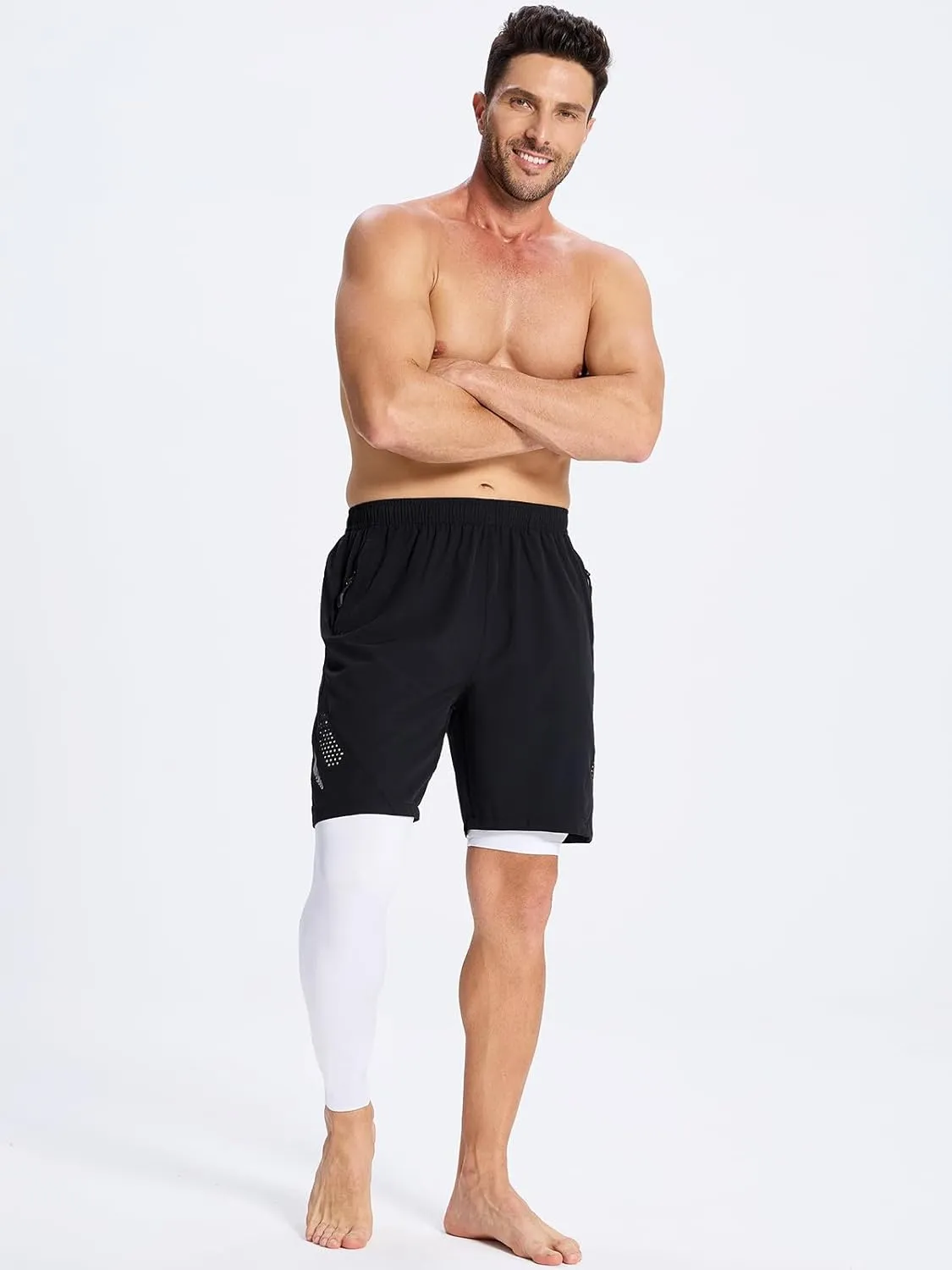 DEVOROPA Mens One Leg Compression Pants Quick Dry Basketball Running Tights Sports Leggings Athletic Baseball Base Layer