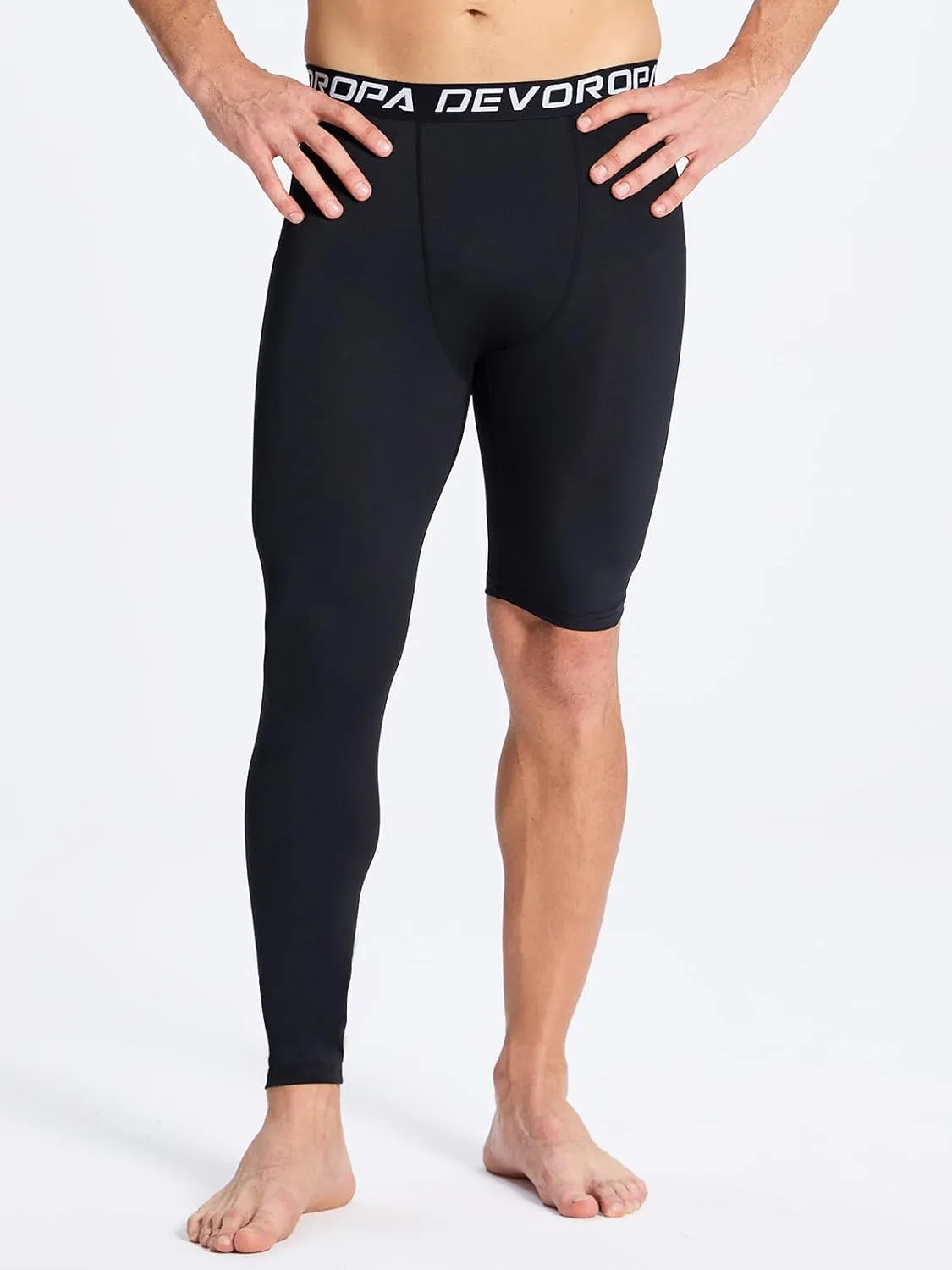 DEVOROPA Mens One Leg Compression Pants Quick Dry Basketball Running Tights Sports Leggings Athletic Baseball Base Layer