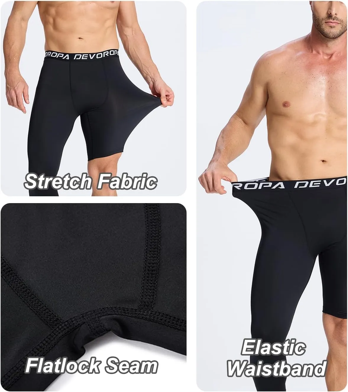 DEVOROPA Mens One Leg Compression Pants Quick Dry Basketball Running Tights Sports Leggings Athletic Baseball Base Layer