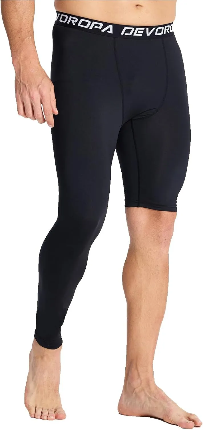 DEVOROPA Mens One Leg Compression Pants Quick Dry Basketball Running Tights Sports Leggings Athletic Baseball Base Layer