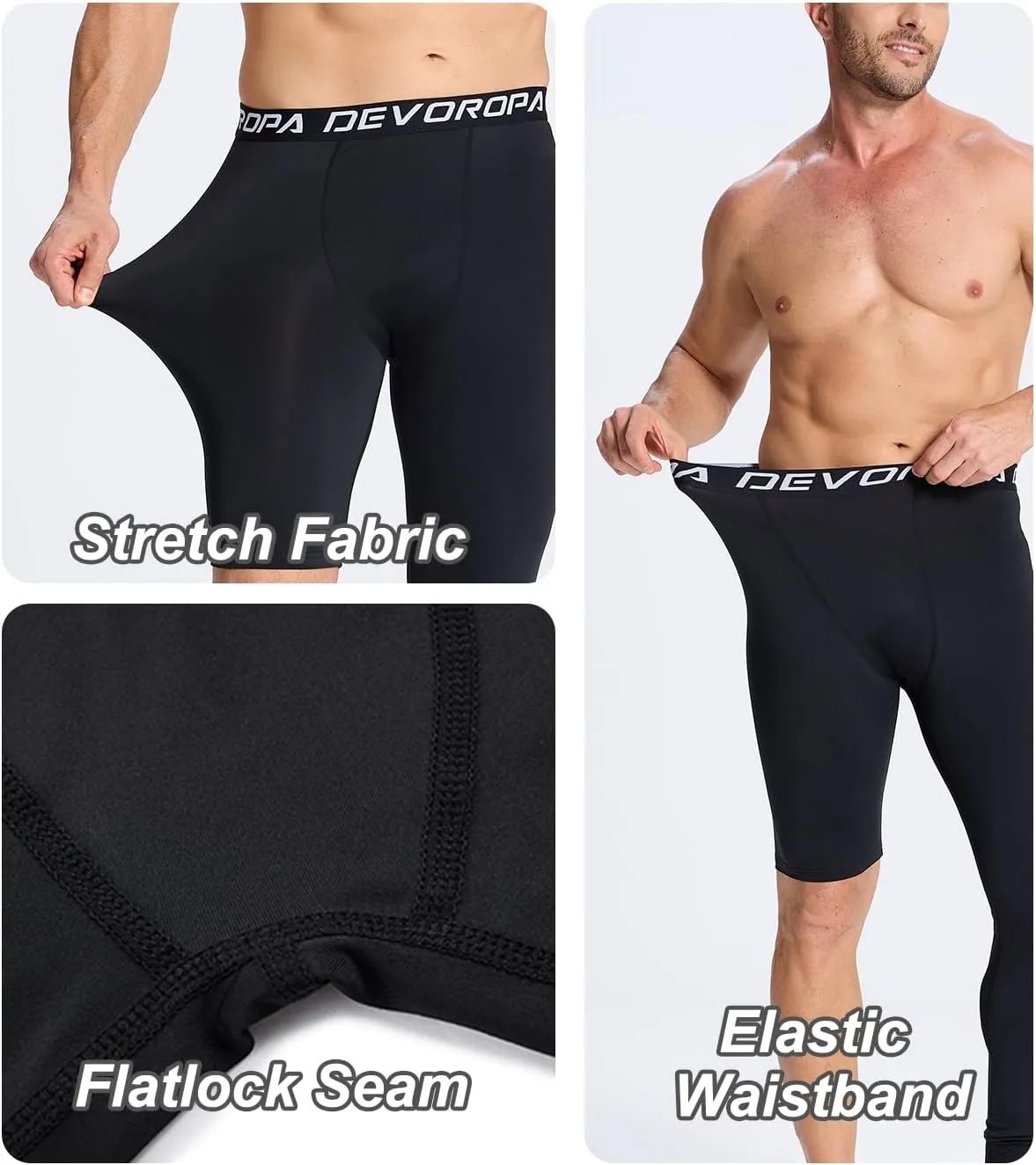DEVOROPA Mens One Leg Compression Pants Quick Dry Basketball Running Tights Sports Leggings Athletic Baseball Base Layer