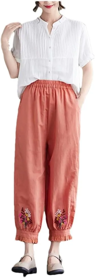 Dndrdhfb Women's Flower Embroidered Bloomers Casual Ankle Harem Pants Elastic Waist Cotton Pants
