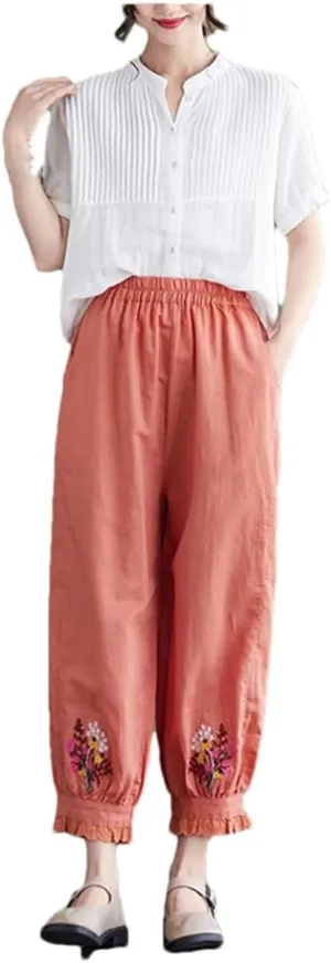 Dndrdhfb Women's Flower Embroidered Bloomers Casual Ankle Harem Pants Elastic Waist Cotton Pants