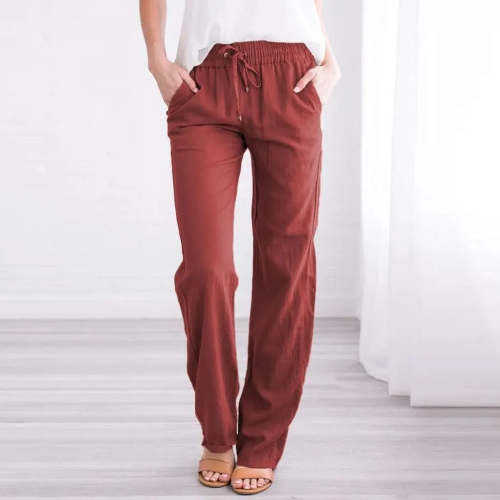 Drawstring Pants for Women Summer Cotton Linen Straight Leg Pants Comfy Loose Fit Work Trousers with Pockets